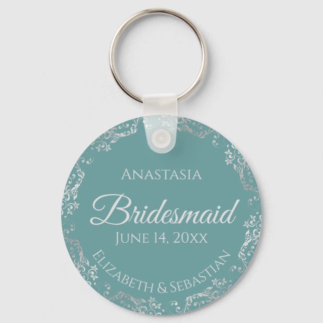Porte-clés Dentelle d'argent sur Turquoise Elegant Bridesmaid (Recto)