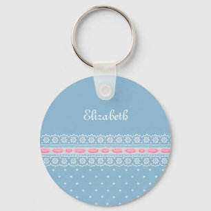 Porte-clés Dentelle rose Fille Pois Bleue Avec Nom