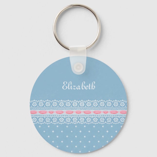 Porte-clés Dentelle rose Fille Pois Bleue Avec Nom (Recto)