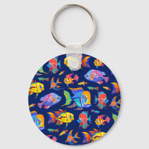 Porte-clés Des poissons tropicaux amusants sur bleu foncé