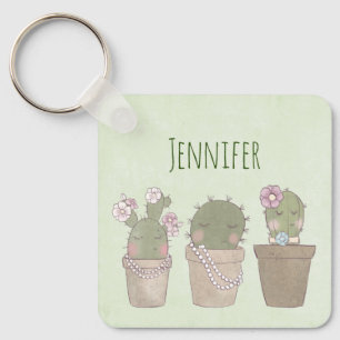 Porte-clés Design d'aquarelle Cactus Trio souriant