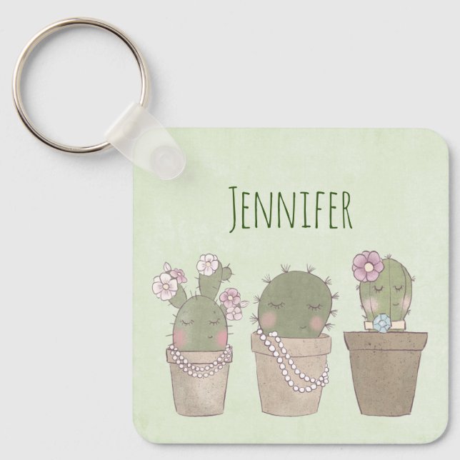 Porte-clés Design d'aquarelle Cactus Trio souriant (Recto)