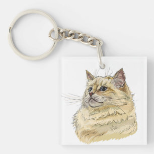 Porte-clés Dessin à la main d'un chat Ragdoll drôle et duvete