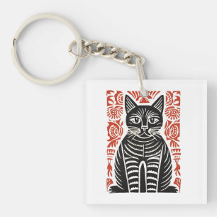 Porte-clés Dessin d'art folklorique de chat noir minimaliste
