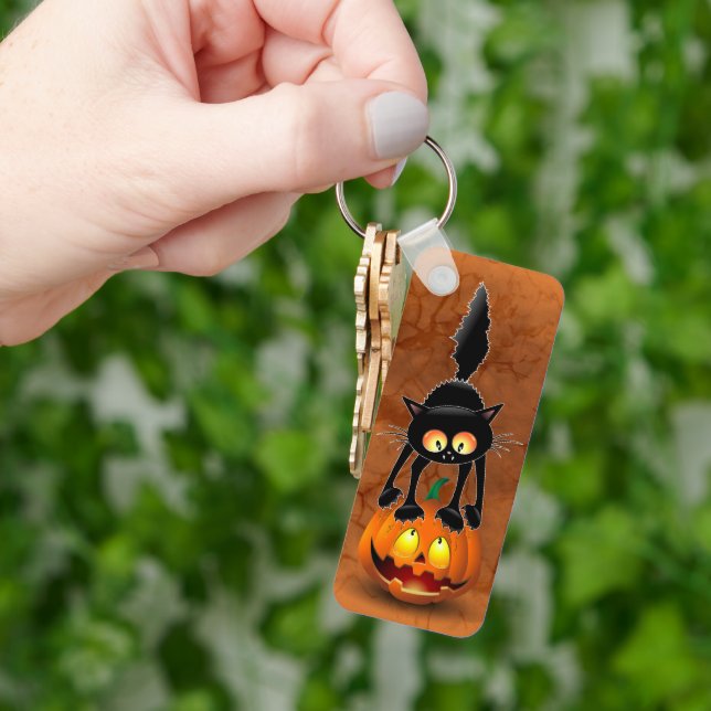 Porte-clés Dessin d'Halloween au chat effrayé sur Citrouille (main)