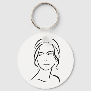 Porte-clés Dessin minimaliste d'art en ligne du visage de fem