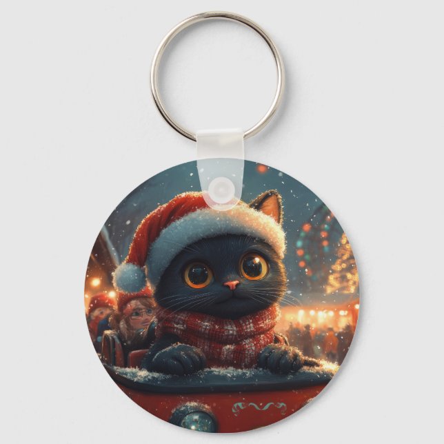Porte-clés Dessous de verre noir à rouleaux de chat Noël (Recto)