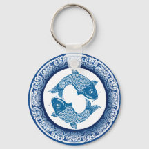 Deux Poissons Koi Carp Chinoiserie Motif bleu