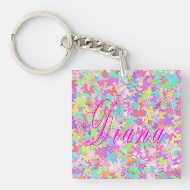 Porte-clés Diana, Nom Logo Sur Les Papillons Pastel, (Devant)