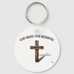 Porte-clés DIEU BÉNISSE NOS RÉSERVES avec croix robuste