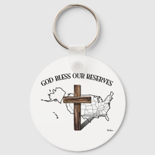 Porte-clés DIEU BÉNISSE NOS RÉSERVES, croix robuste & US cont