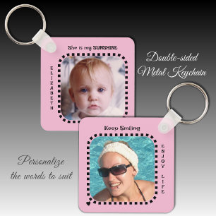 Porte-clés Double face 2 photos nom soleil rose