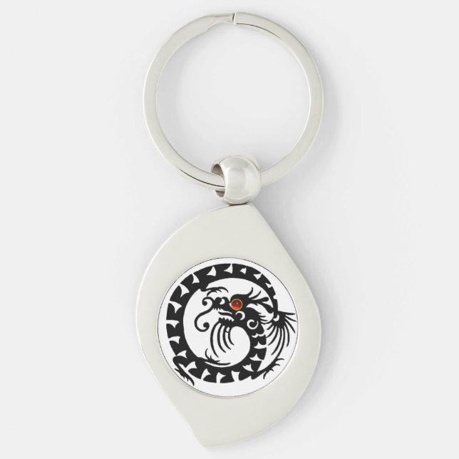 Porte-clés DRAGON DE NAGE, noir, blanc, rubis rouge (Devant)