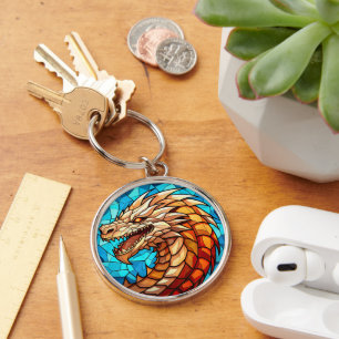 Porte-clés Dragon d'or sur verre à âme bleue