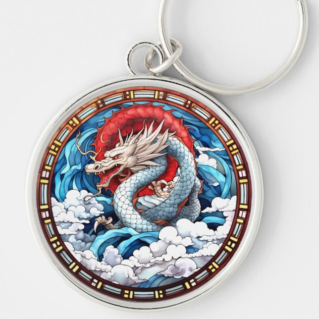 Porte-clés Dragon mythique asiatique en rouge et bleu (Devant)