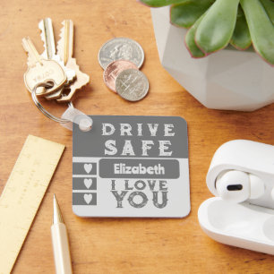 Porte-clés Drive safe Je vous aime ajouter nom photo gris