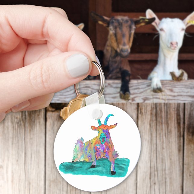 Porte-clés Drôle cri chèvre animal art peinture design (Funny screaming goat colorful farm animal art keyring )
