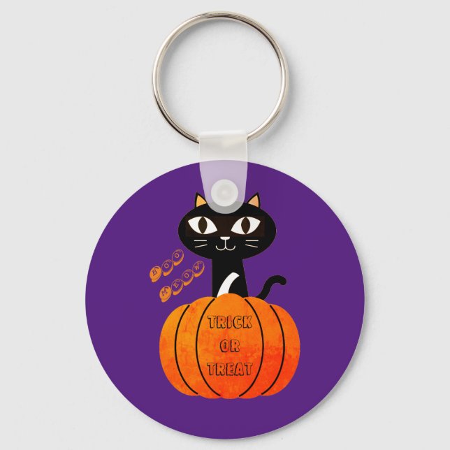 Porte-clés Éffrayant chat violet noir orange Citrouille Hallo (Recto)