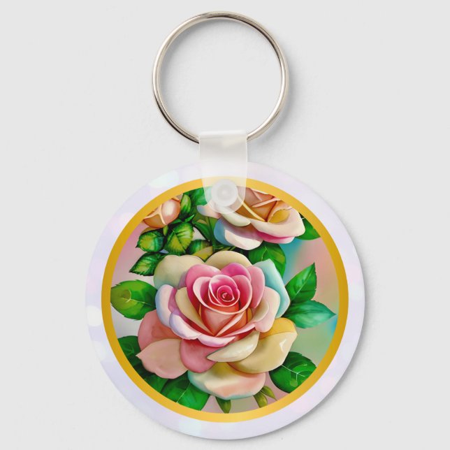 Porte-clés Elégance Rose rose et jaune Aquarelle Pastel (Recto)