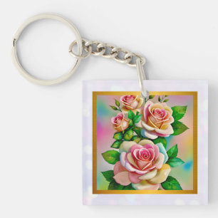 Porte-clés Elégance Rose rose et jaune Aquarelle Pastel