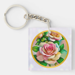 Porte-clés Élégance Roses Rose et Jaune Aquarelle Pastel