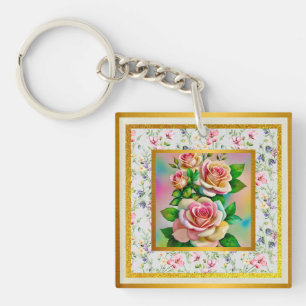 Porte-clés Élégance Roses Rose et Jaune Aquarelle Pastel