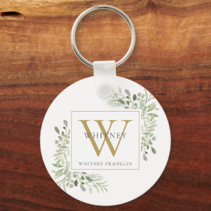Porte-clés élégant à monogramme doré avec feuillag