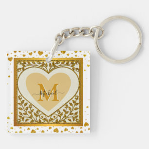 Porte-clés élégant à paillettes dorées avec initia