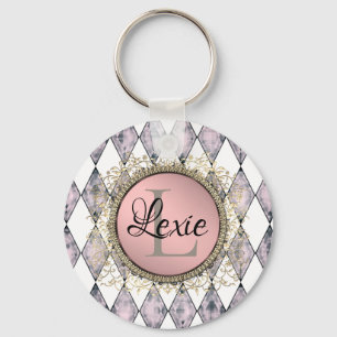 Porte-clés Élégant arlequin rose-bleu monogramme