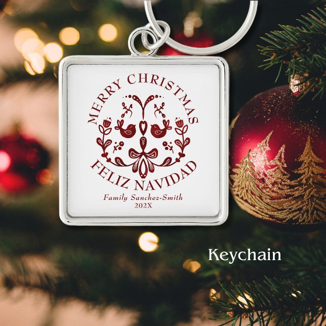 Porte-clés Élégant Bilingue Burgundy Birds Noël (Bilingual Spanish Christmas keychain, gift. personalized text & familiy name. Multilingual Project)