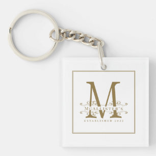 Porte-clés Élégant Blanc et Or Famille Monogramme Glamour