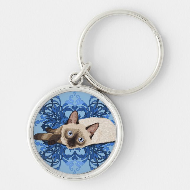 Porte-clés Elégant bleu floral chat siamois jolie féline (Devant)