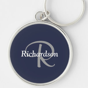 Porte-clés Élégant bleu marine blanc argent gris argent Monog