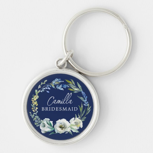 Porte-clés Elégant bleu marine Floral Custom Bridesmaid Cadea (Devant)