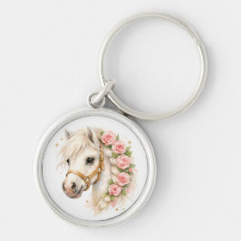Porte-clés Élégant Cheval Blanc à l'Aquarelle avec Rose‑B