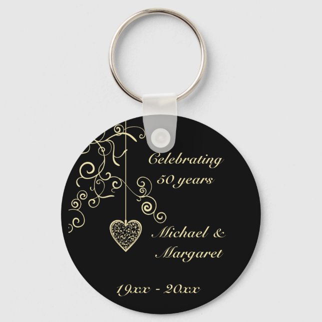 Porte-clés Elégant coeur Golden Mariage Anniversaire Méménite (Recto)