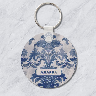 Porte-clés Élégant damas bleu toile de jouy monogramme