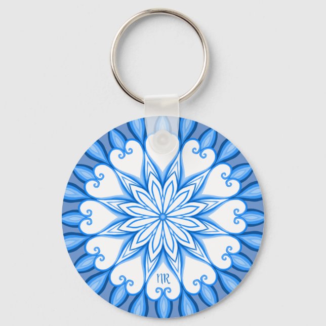 Porte-clés Elégant esthétique blanc & bleu Mandala Monogramme (Recto)