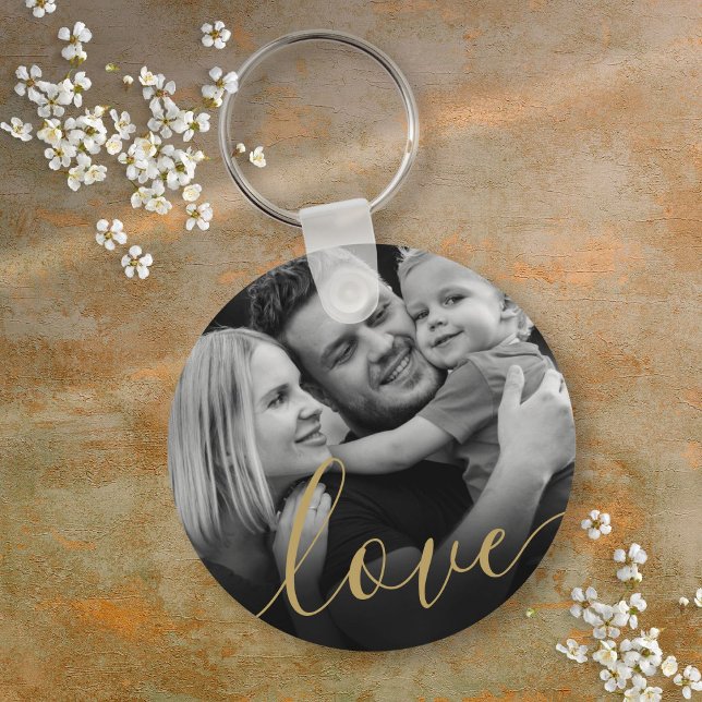 Porte-clés Elégant Gold Script Love Black and White Photo (Elegant Gold Script Love Black and White Photo Keychain)