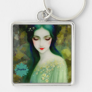 Porte-clés Élégant Imaginaire Portrait femme en vert et bleu