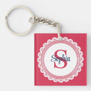 Porte-clés Élégant Lace Blanc et Initial Rouge et Marine