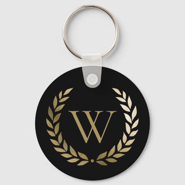 Porte-clés Élégant monogramme de couronne de laurier d'or noi (Recto)