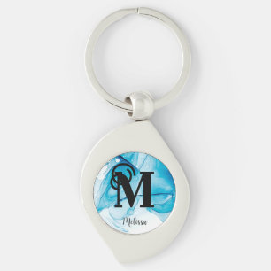 Porte-clés Élégant Monogramme d'encre d'alcool bleu
