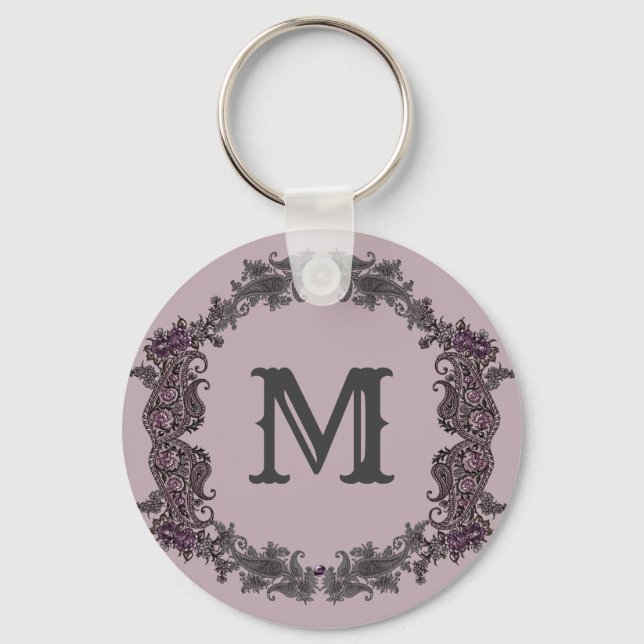 Porte-clés Élégant Monogramme encadré de violet et d'argent (Recto)