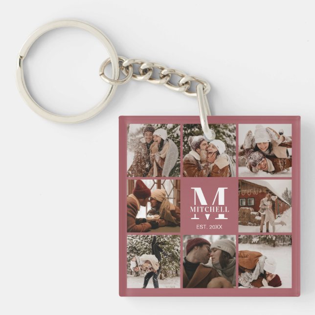 Porte-clés Élégant Monogramme Famille Photo Collage Moderne (Devant)