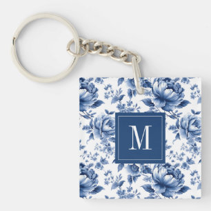Porte-clés Élégant Monogramme Floral Bleu Vintage