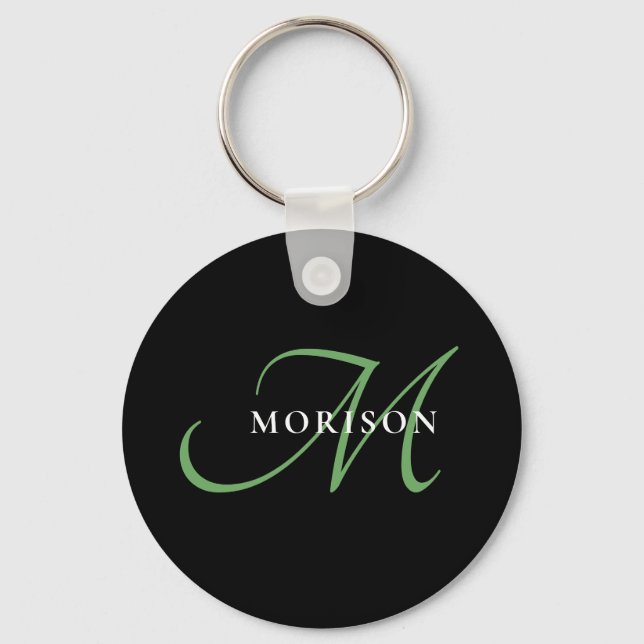 Porte-clés Élégant Monogramme moderne noir vert Script (Recto)