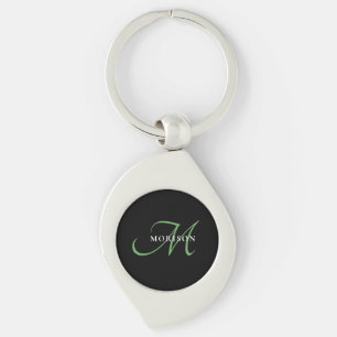 Porte-clés Élégant Monogramme moderne noir vert Script