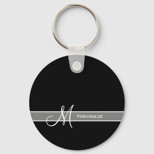 Porte-clés Élégant Monogramme noir et blanc avec nom