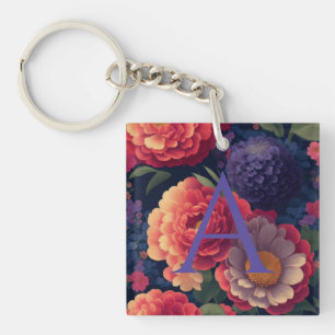 Porte-clés Élégant monogramme romantique orange rouge floral